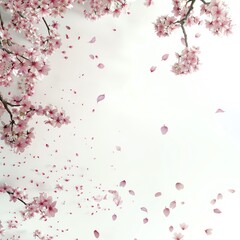 Capture the intricate details of a blossoming cherry blossom tree in watercolor, showcasing a high-angle view as delicate petals fall softly to the ground