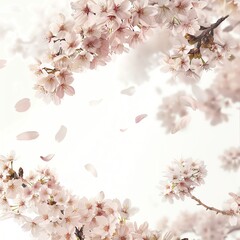 Capture the intricate details of a blossoming cherry blossom tree in watercolor, showcasing a high-angle view as delicate petals fall softly to the ground