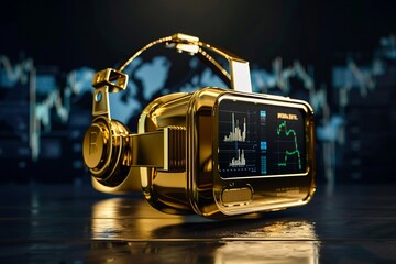 A virtual reality headset made of gold, displaying stock market VR simulations, immersive investment experiences, dark background