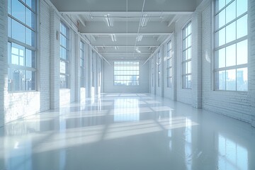 Spacious building with multiple windows, showcasing a clear blue sky - obrazy, fototapety, plakaty