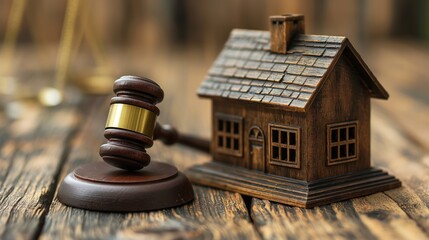 little house and gavel on the wooden table. Auction concept