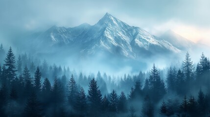 misty mountain with silhouetted pine tree forest in the foreground - obrazy, fototapety, plakaty