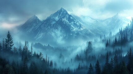 misty mountain with silhouetted pine tree forest in the foreground