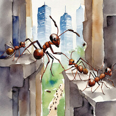 높은 건물 사이로 줄지어가는 개미들
