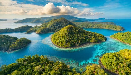 Fototapeta na wymiar A remote island archipelago, where lush rainforests cling to rugged volcanic peaks, surrounded by azure waters teeming with colorful coral reefs.