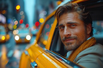 a man is sitting in a yellow taxi cab looking out the window