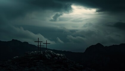 The Christian themed on a background with dramatic at dawn, with a beautiful sea of ​​clouds, dark clouds and sky and sunbeams