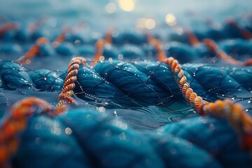 Closeup of azure textile rope floating in aqua water - obrazy, fototapety, plakaty