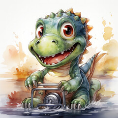 Watercolor Cartoon dinosaur characters driving, clipart Illustration, Generative Ai
