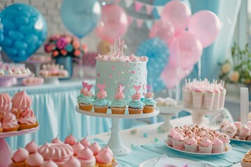 Baby shower party. Table with desserts, cakes in the theme of a gender reveal party for expectant and young parents in pink and blue tones. - 790447989