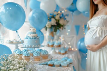 Pregnant girl expecting a boy holds her belly at a baby shower gender reveal party. Celebration of motherhood, the birth of a boy, cakes, cupcakes, decorations - 790447991