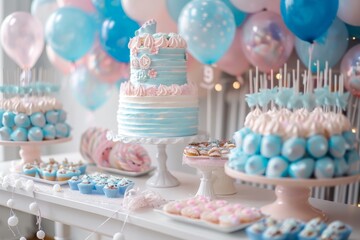 Baby shower party. Table with desserts, cakes in the theme of a gender reveal party for expectant and young parents in pink and blue tones. - 790447993