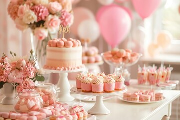 Baby shower party for a girl in pink colors. A table with desserts, cakes in the theme of a gender reveal party for expectant and young parents in pink tones. Celebration, motherhood. - 790447994
