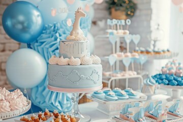Baby shower party for a newborn boy in blue colors. Table with desserts, cakes in the theme of a gender reveal party for expectant and young parents in blue tones. Celebration, motherhood. - 790447995