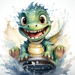 Watercolor Cartoon dinosaur characters driving, clipart Illustration, Generative Ai