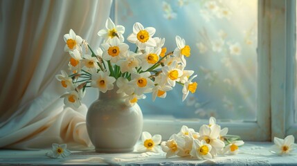 Beautiful vase with white and yellow flowers on window sill