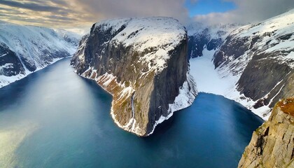 Top view, A series of fjords cutting into the coastline, resembling deep scars etched into the...