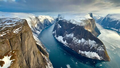 Top view, A series of fjords cutting into the coastline, resembling deep scars etched into the land, with sheer cliffs plunging into the icy waters below. - obrazy, fototapety, plakaty