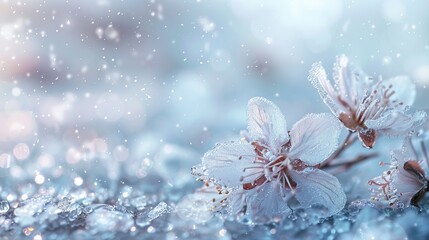 A winter wonderland scene featuring crystal flowers frozen in ice. The image portrays abstract frozen flowers and petals, evoking a winter 