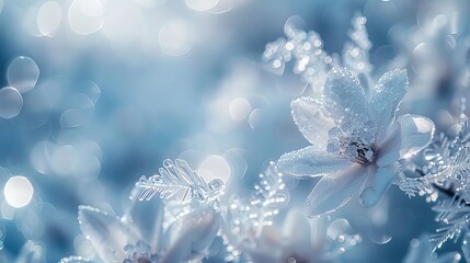A winter wonderland scene featuring crystal flowers frozen in ice. The image portrays abstract frozen flowers and petals, evoking a winter 