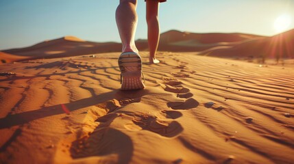 Strolling solo through the desert with footprints trailing behind.
