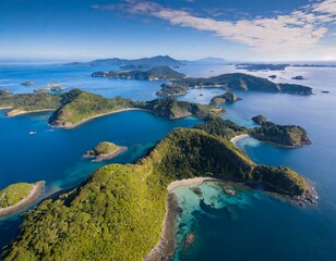 Top view, An archipelago of islands scattered across the ocean, each one a tiny jewel with its own unique blend of beaches, forests, and volcanic peaks, all seen from above.