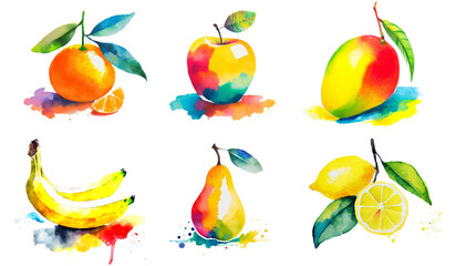 カラフルなフルーツの挿絵セット（オレンジ・りんご・マンゴー・バナナ・洋梨・レモン）