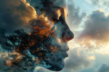 Woman's Profile Merged with Sky, Surreal Fusion of Human and Nature - obrazy, fototapety, plakaty