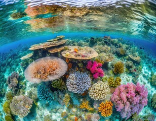 Naklejka na ściany i meble Top view, A mosaic of colorful coral reefs beneath the crystal-clear waters of a tropical ocean, teeming with a kaleidoscope of marine life and vibrant underwater ecosystems.