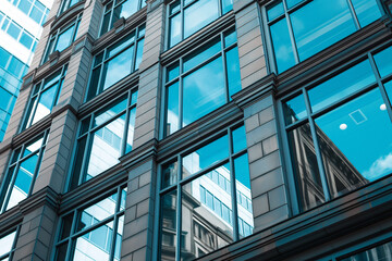 Obraz premium Modern glass office buildings with geometric patterns, urban architecture