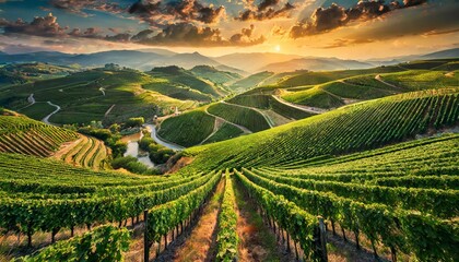 Top view, A patchwork of vineyards sprawling across rolling hillsides, their neatly ordered rows of grapevines forming geometric patterns against the backdrop of picturesque countryside. - obrazy, fototapety, plakaty