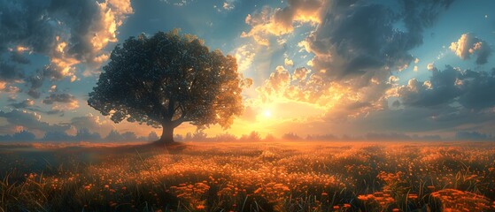 Beautiful view of the sun setting on a large field with tall and lush trees - obrazy, fototapety, plakaty