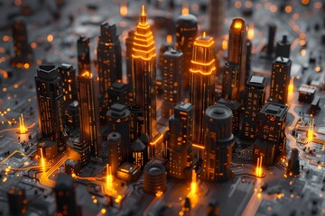 A close-up shot of a city building sitting on an electronic board emitting orange electroluminescence.