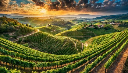 Top view, A patchwork of vineyards sprawling across rolling hillsides, their neatly ordered rows of grapevines forming geometric patterns against the backdrop of picturesque countryside.