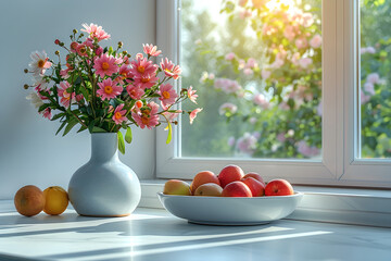 Indoor photo of a bright white room with bright sunlight streaming in, a plate of fruit and a...