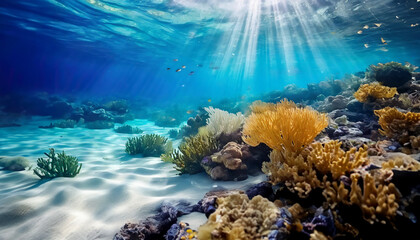 Vibrant underwater scene with colorful corals and sunlight piercing through the water