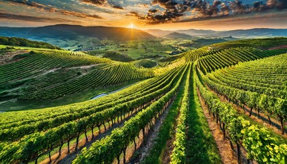 Top view, A patchwork of vineyards sprawling across rolling hillsides, their neatly ordered rows of...
