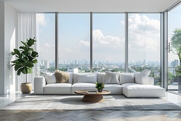 This is a photo of a simple and cozy living room interior with a large window, white cushions, and...