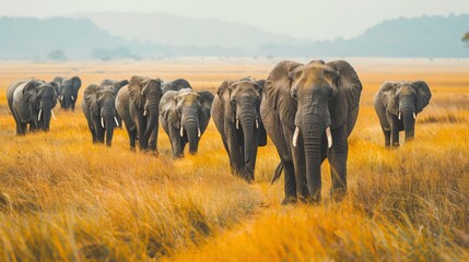 Elephant Herd Walking Together in Golden Grass