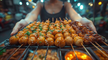 A woman is holding a tray of Yakitori skewers, a delicious fast food dish