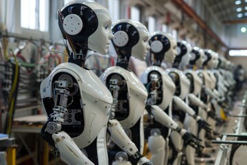 Assembly Line of Humanoid Robots in Factory