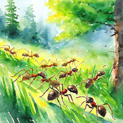 푸르른 초원을 가로지르는 개미떼