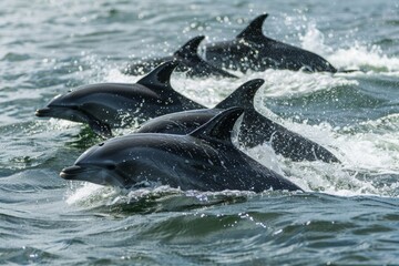 Pod of Dolphins Swimming and Leaping in Ocean Waves