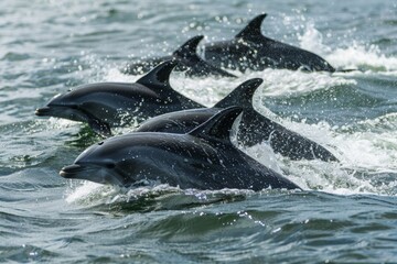 Fototapeta premium Pod of Dolphins Swimming and Leaping in Ocean Waves