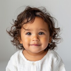 Naklejka premium Radiant Ringlets: Smiling Latino Toddler with Soft Brown Curls and Bright Eyes
