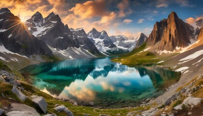 Top view, A pristine alpine lake nestled in the cradle of snow-capped mountains, its tranquil waters reflecting the rugged peaks and sweeping valleys that surround it.