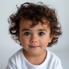 Naklejka premium Lively Spark: Middle Eastern Baby Boy with Curly Hair and Deep Brown Eyes