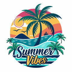 Fototapeta na wymiar summer vibes Vector Illustration,summer time T Shirt,summer retro vintage style sunset palm tree,summer vibes Typography T Shirt Quotes Vector Bundle,Cut File Cricut,Silhouette,calligraphy,png