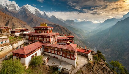 Top view, A tranquil monastery perched on a mountainside, its red-roofed buildings and ornate courtyards offering a peaceful sanctuary amidst the breathtaking natural beauty of the Himalayas. - obrazy, fototapety, plakaty