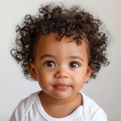 Naklejka premium Portrait of an American Baby Boy of Mixed Race with Curly Brown Hair and Sparkling Eyes